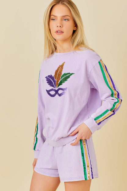 Mardi Grass Sequin Stripe Trim Short: LAVENDER