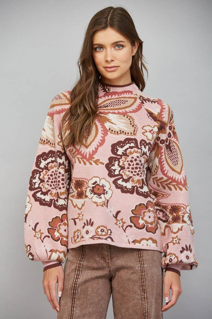 PREORDER: FATE - BOLD FLORAL & PAISLEY PATTERN FUNNEL NECKLINE SWEATER: MAUVE MULTI