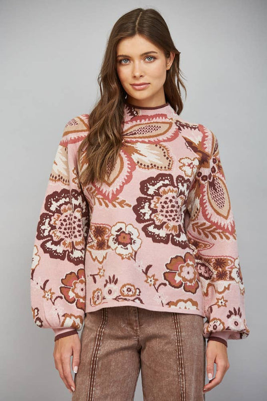 PREORDER: FATE - BOLD FLORAL & PAISLEY PATTERN FUNNEL NECKLINE SWEATER: MAUVE MULTI