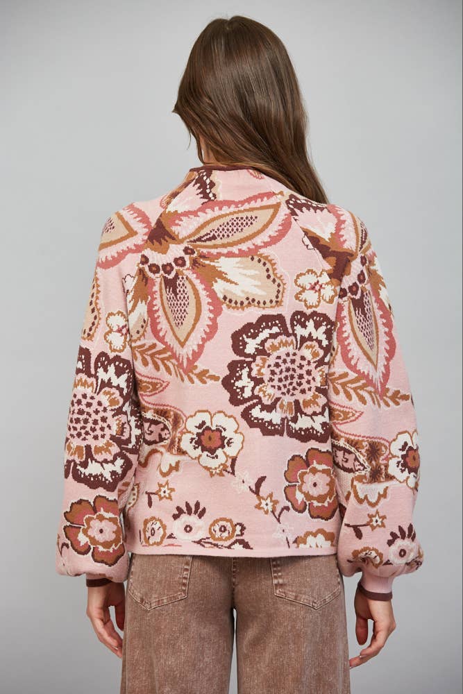 PREORDER: FATE - BOLD FLORAL & PAISLEY PATTERN FUNNEL NECKLINE SWEATER: MAUVE MULTI