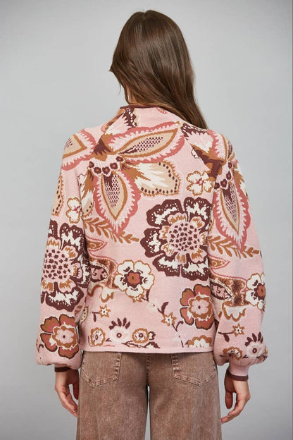 PREORDER: FATE - BOLD FLORAL & PAISLEY PATTERN FUNNEL NECKLINE SWEATER: MAUVE MULTI