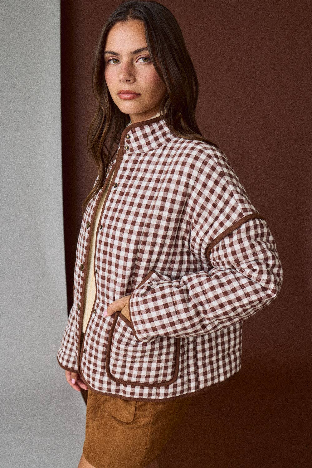 PREORDER - Gingham Quilted Jacket : BROWN