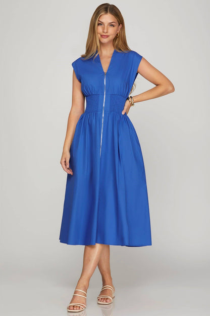 Drop Shoulder Smocked Waist Midi Dress: PINK