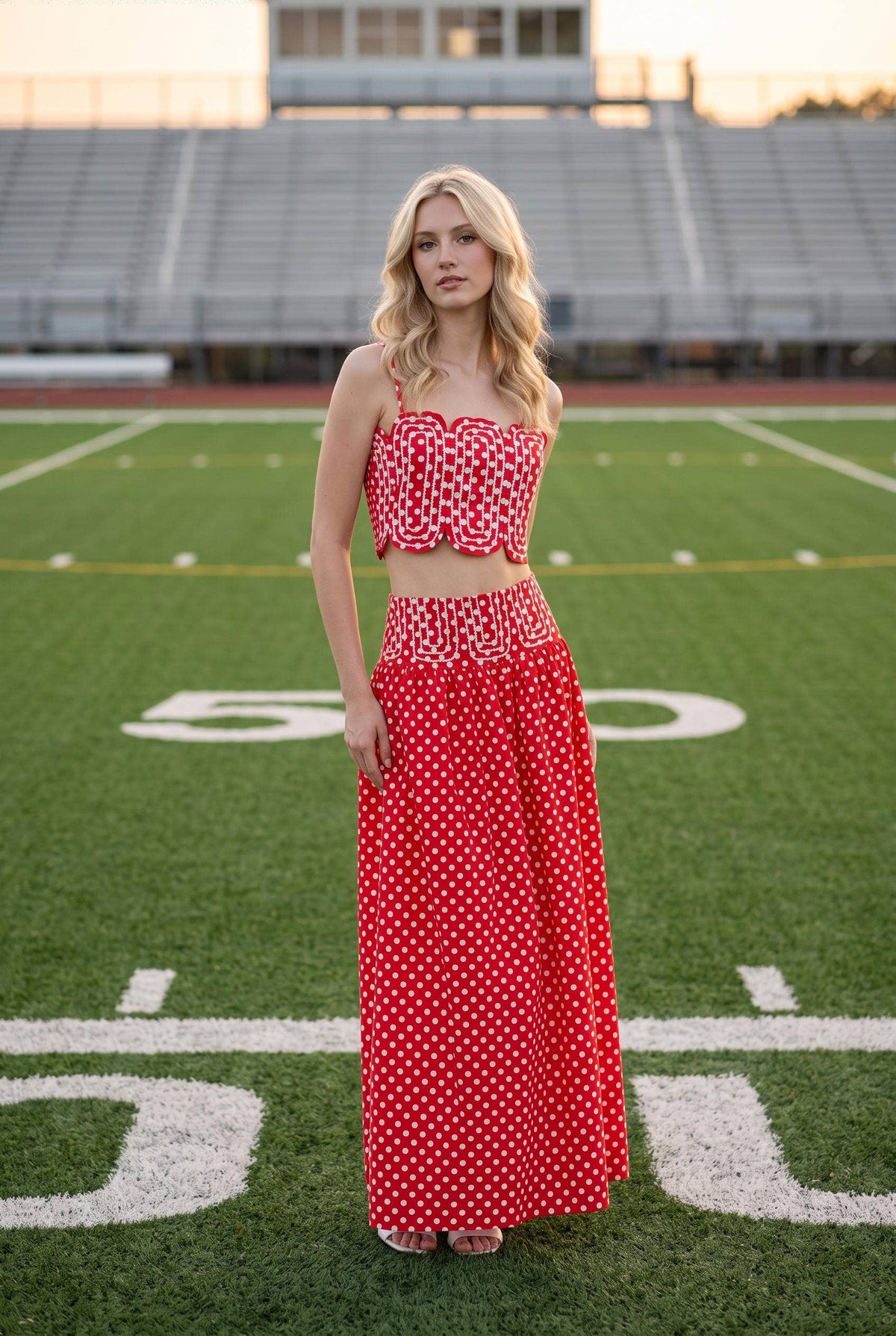 Trim Appliqué Crop Top And Polka Dot Maxi Skirt Set: RED : WHITE