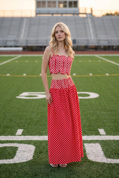 Trim Appliqué Crop Top And Polka Dot Maxi Skirt Set: RED : WHITE