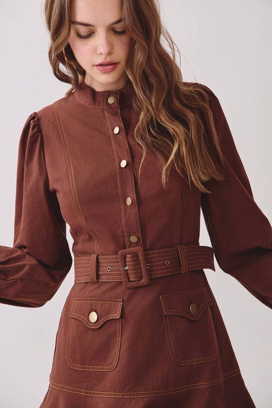Contrast Topstitching Mock Neck Dress