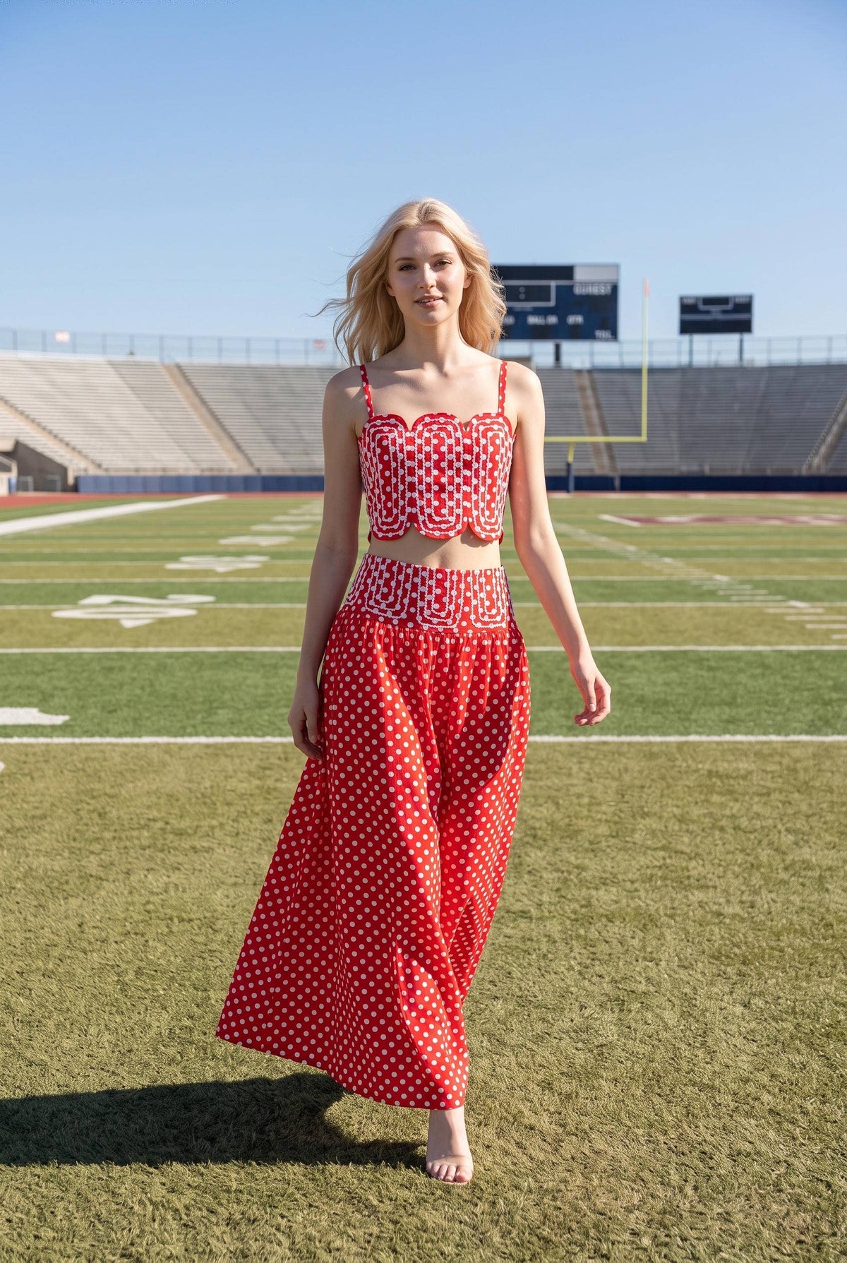 Trim Appliqué Crop Top And Polka Dot Maxi Skirt Set: RED : WHITE