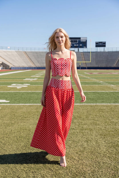 Trim Appliqué Crop Top And Polka Dot Maxi Skirt Set: RED : WHITE