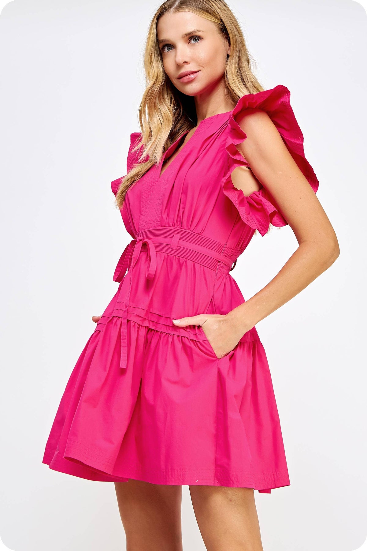 Strut & Bolt: Flutter Sleeve Poplin Mini Dress - FUSCHIA