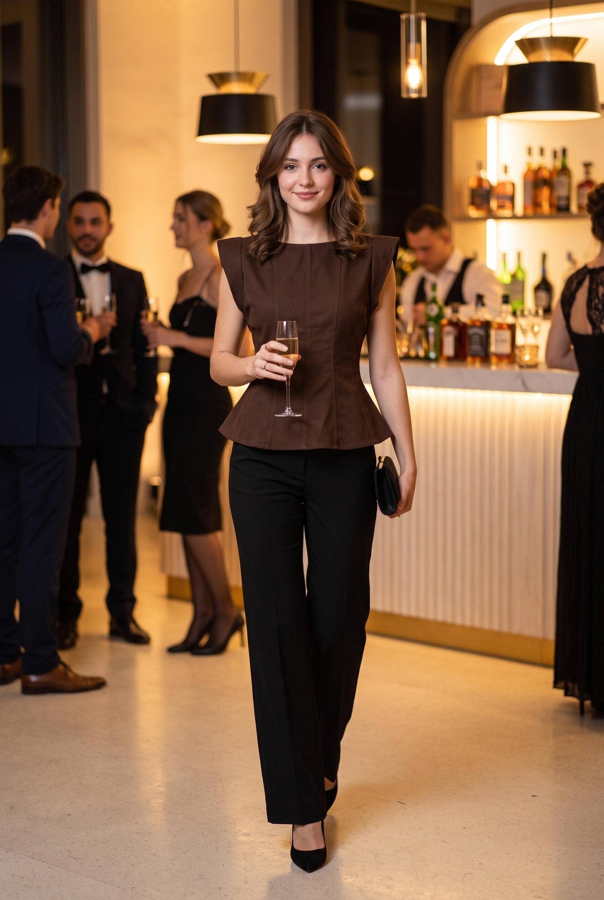 PREORDER - Stretch Cap Sleeve Peplum Top: CHOCOLATE BROWN