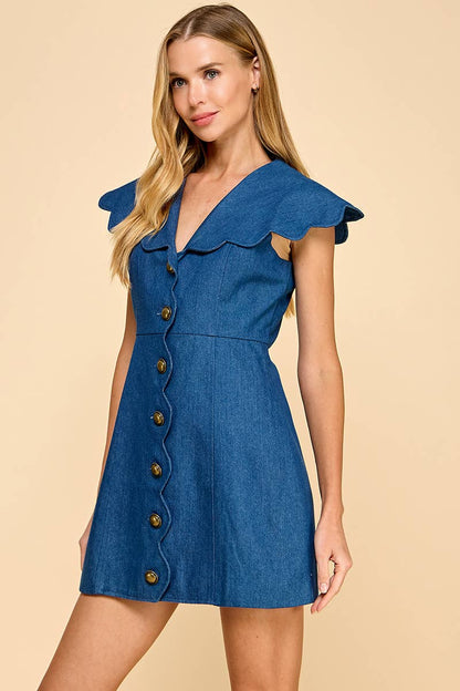 TCEC Dark Denim Scallop Detail Button Down Dress