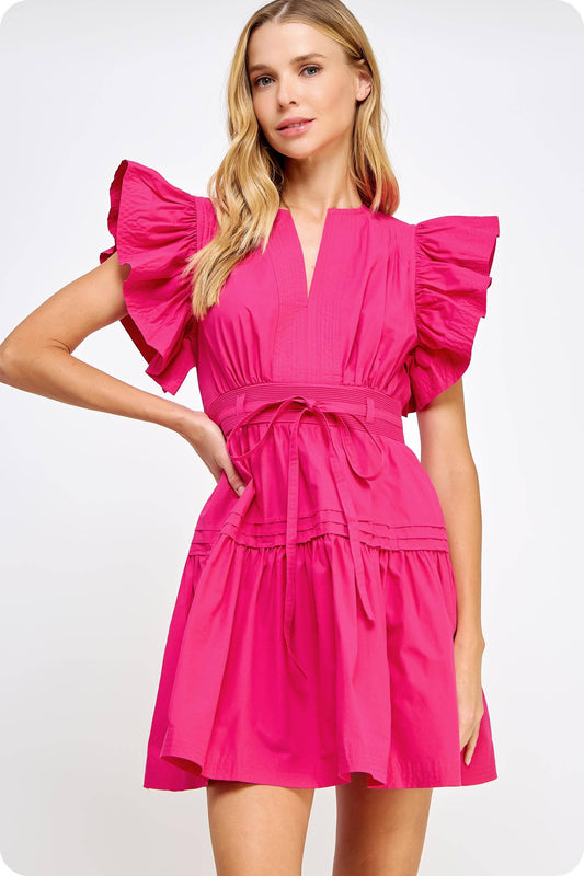 Strut & Bolt: Flutter Sleeve Poplin Mini Dress - FUSCHIA