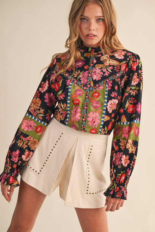 EXCLUSIVE FLORAL BORDER PRINT TOP WITH EMBROIDERED FLORAL TRIM
