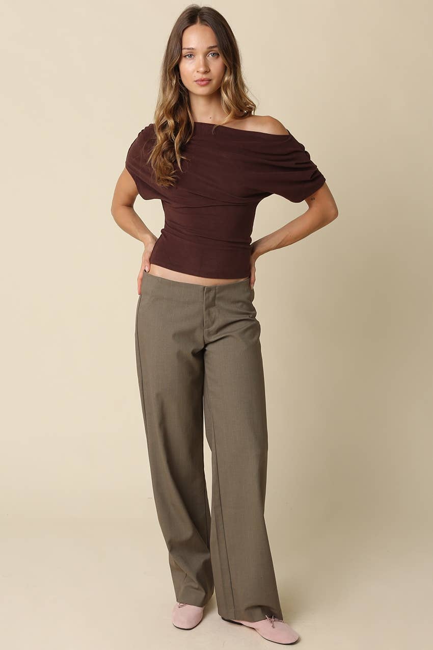 PREORDER: Carina Draped One Shoulder Top: Brown
