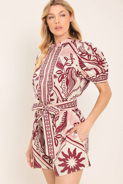 PREORDER - A printed woven romper : Burgundy
