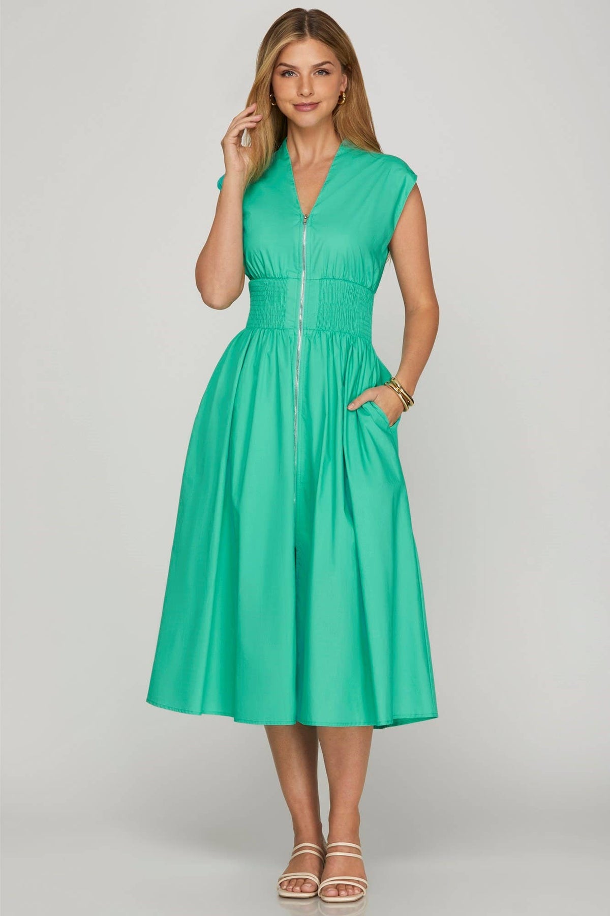 Drop Shoulder Smocked Waist Midi Dress: PINK