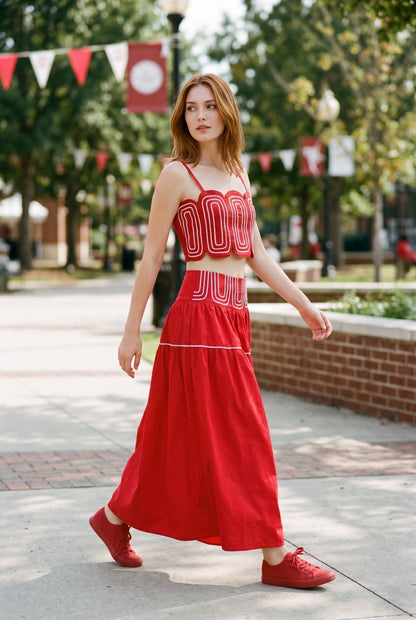 Exclusive Lace Trimmed Top & Skirt Set: RED : WHITE