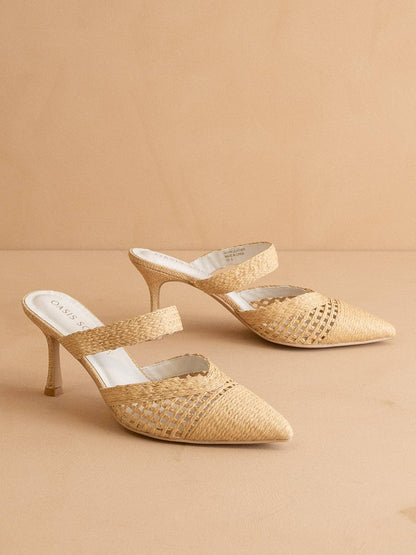 The Tia | Natural Pointed Toe Raffia Detail Kitten Heel: NATURAL