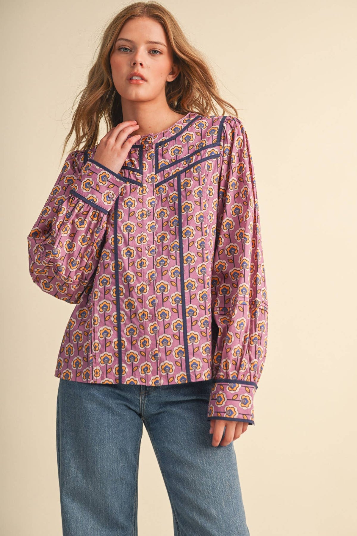 PREORDER : FLORAL BUTTON UP TOP WITH CONTRAST BINDING TRIM : ORCHID FLORAL