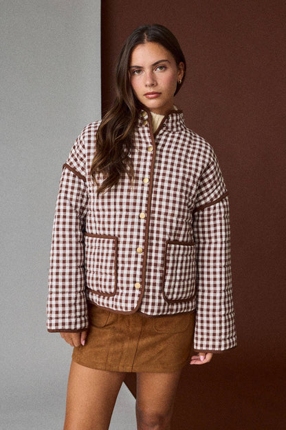 PREORDER - Gingham Quilted Jacket : BROWN