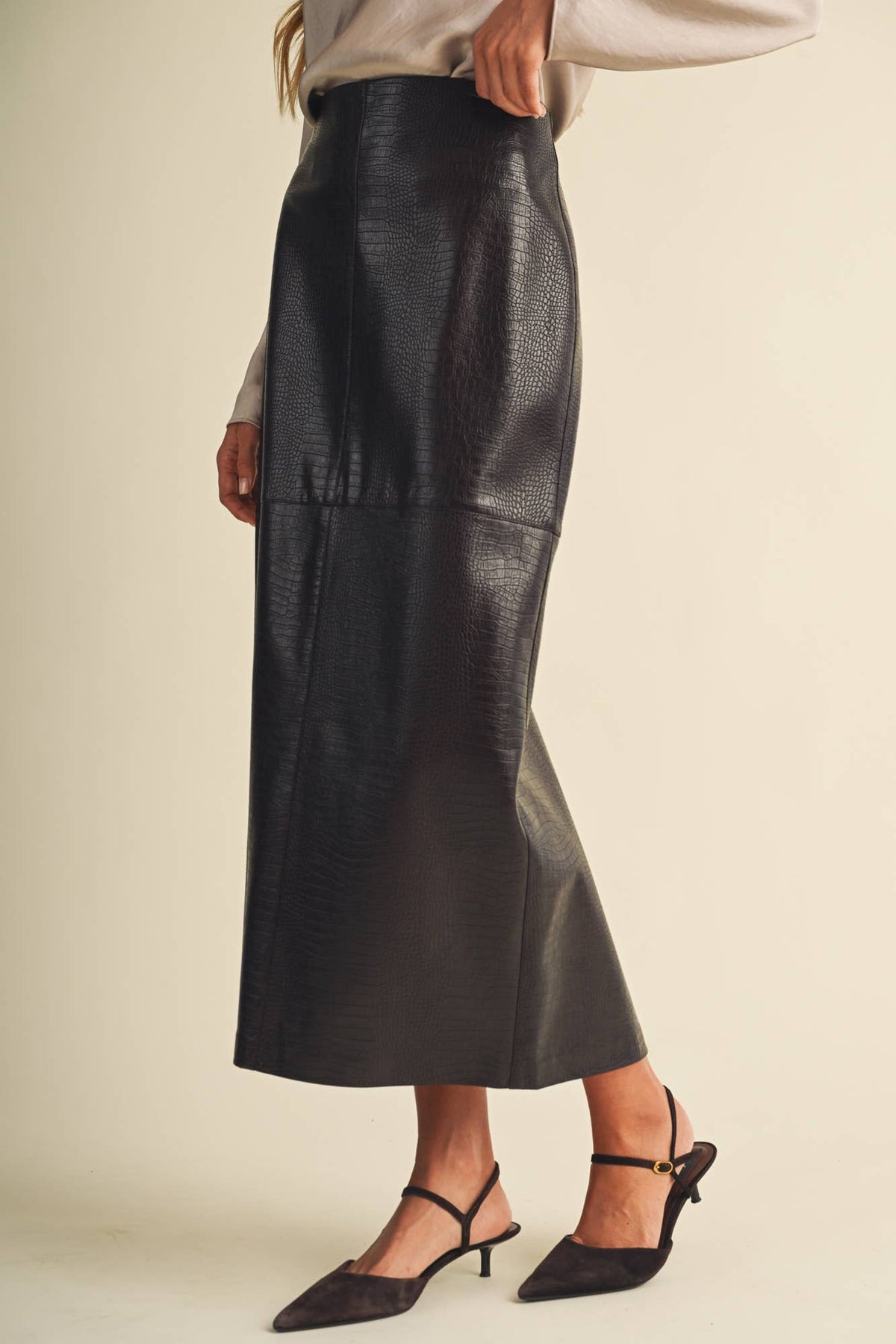 PREORDER - Croc-Embossed Pencil Skirt: Choco Fondant