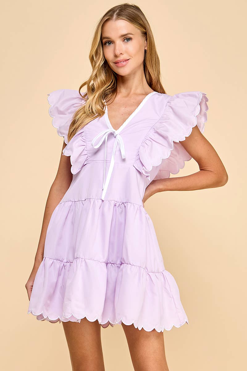 TCEC Neckline Bow Detail Scalloped Dress: Lavender