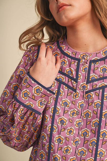 PREORDER : FLORAL BUTTON UP TOP WITH CONTRAST BINDING TRIM : ORCHID FLORAL