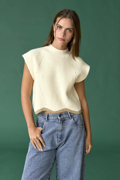PREORDER : Taylor Scallop Hem Knitted Vest: CREAM / OATMEAL trim