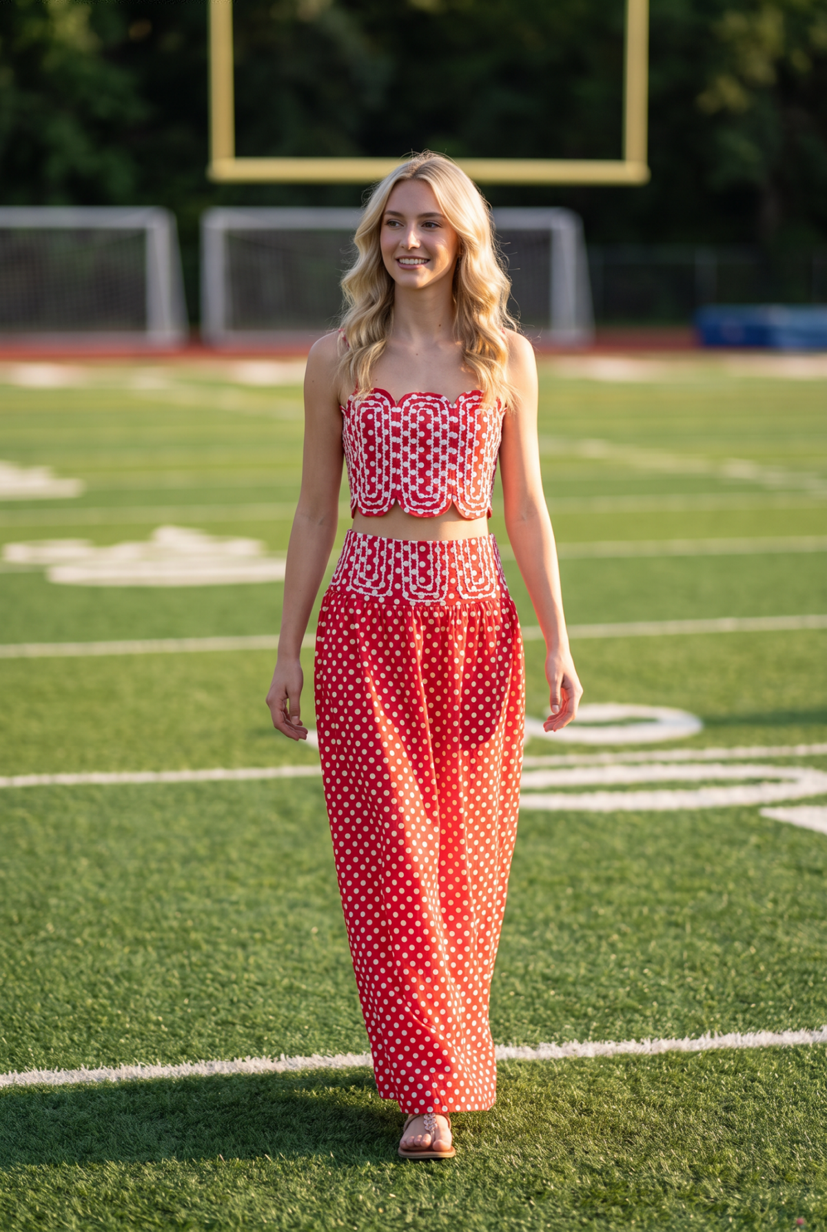 Trim Appliqué Crop Top And Polka Dot Maxi Skirt Set: RED : WHITE
