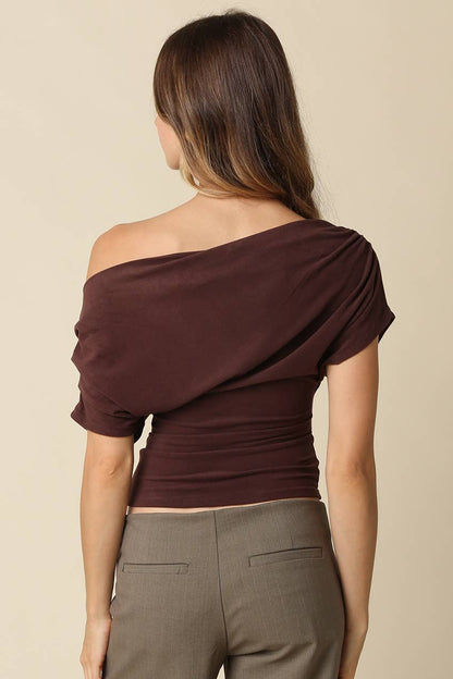 PREORDER: Carina Draped One Shoulder Top: Brown