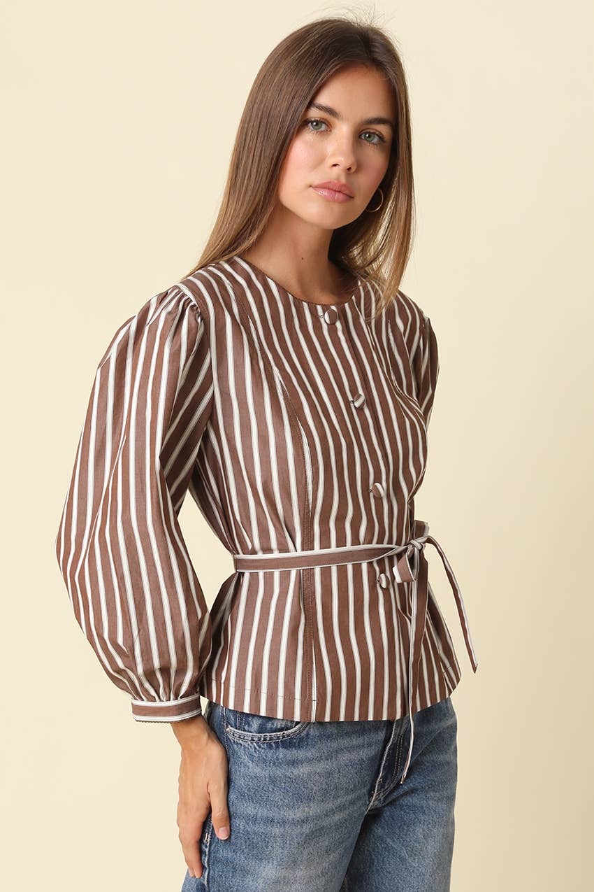 PREORDER:  Mabel Striped Belted Peplum Blouse: BROWN STRIPE
