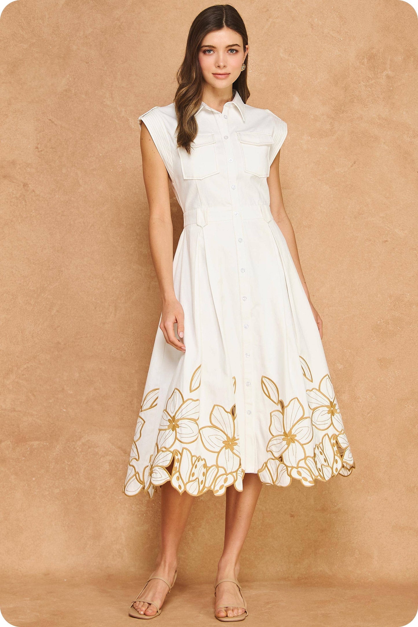 Floral Cut-Out Embroidery Twill Midi Shirt Dress
