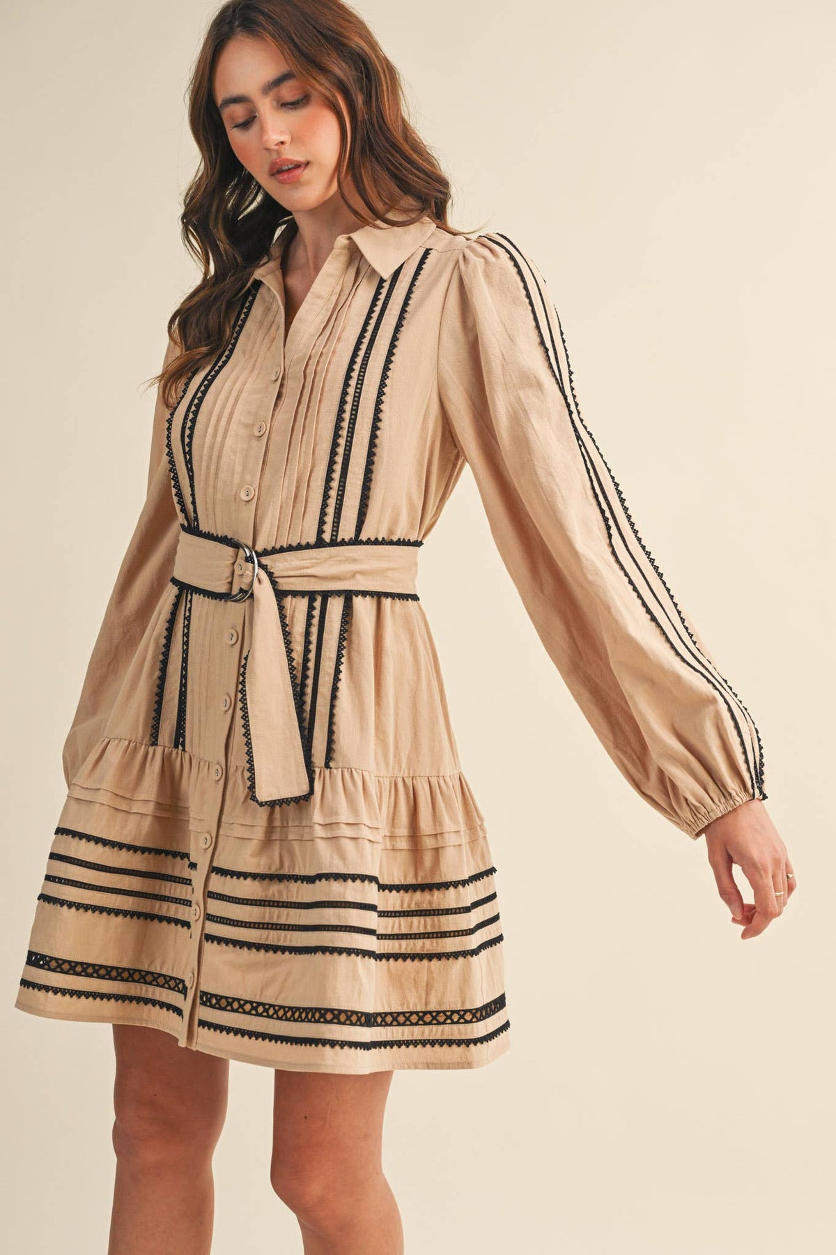 CONTRAST LACE TRIM BELTED MINI DRESS by &Merci