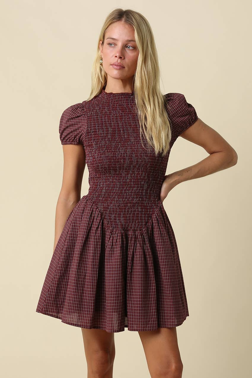 PREORDER - Hayley Smocked Gingham Mini Dress: Red