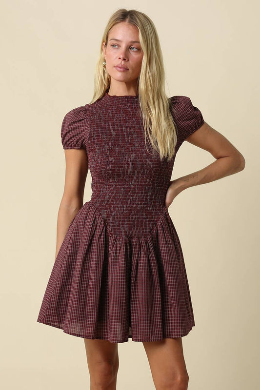 PREORDER - Hayley Smocked Gingham Mini Dress: Red