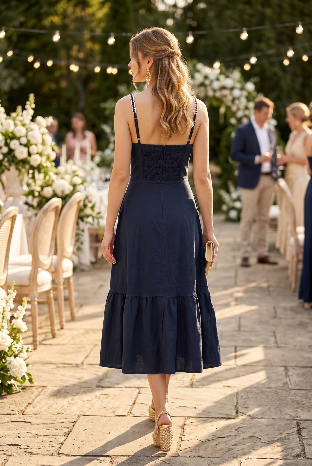 Sweetheart Neckline Midi Dress with Lace Trim Detail: NAVY