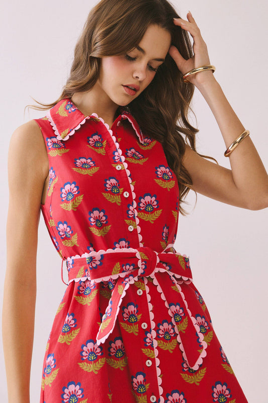 TCEC Floral Print Contrast Scalloped Trim Detail Dress