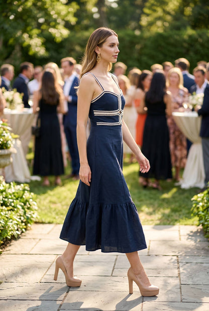 Sweetheart Neckline Midi Dress with Lace Trim Detail: NAVY