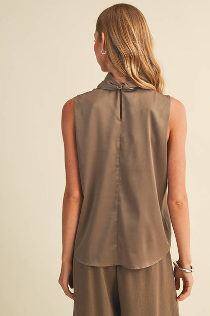 PREORDER - Tie Mock Neck Sleeveless Blouse: VINTAGE KHAKI