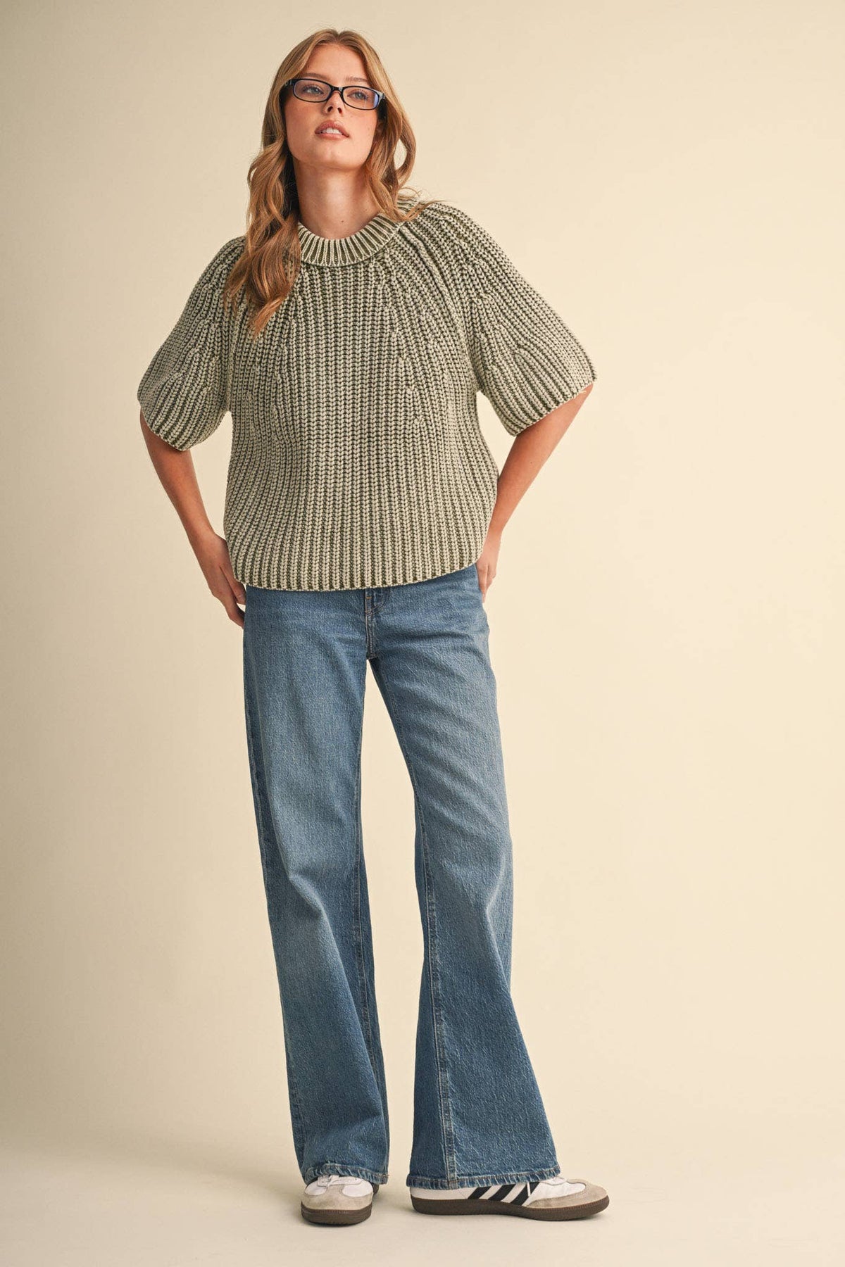 PREORDER - WASHED CHUNKY KNIT SHORT SLEEVE SWEATER : KHAKI