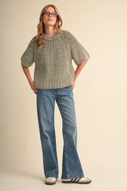 PREORDER - WASHED CHUNKY KNIT SHORT SLEEVE SWEATER : KHAKI