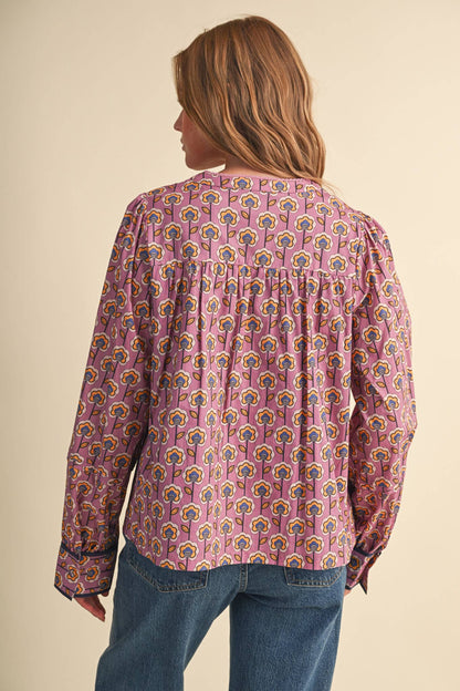 PREORDER : FLORAL BUTTON UP TOP WITH CONTRAST BINDING TRIM : ORCHID FLORAL