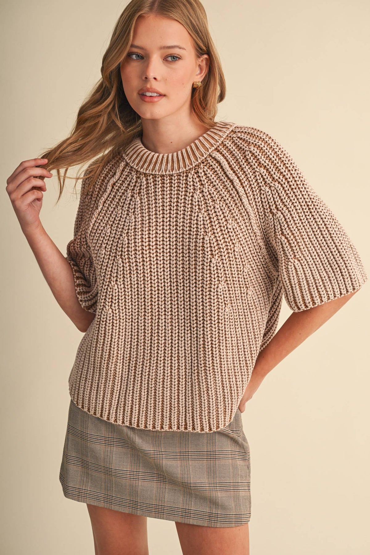 PREORDER - WASHED CHUNKY KNIT SHORT SLEEVE SWEATER : SAND