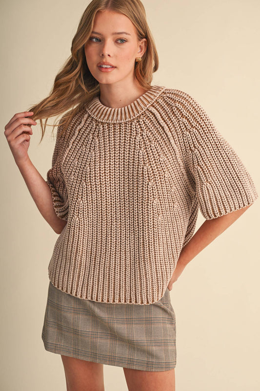 PREORDER - WASHED CHUNKY KNIT SHORT SLEEVE SWEATER : SAND