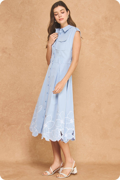 Floral Cut-Out Embroidery Twill Midi Shirt Dress