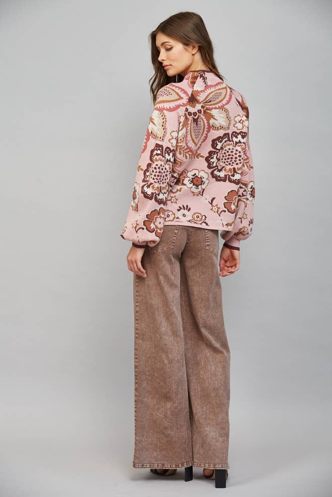 PREORDER: FATE - BOLD FLORAL & PAISLEY PATTERN FUNNEL NECKLINE SWEATER: MAUVE MULTI