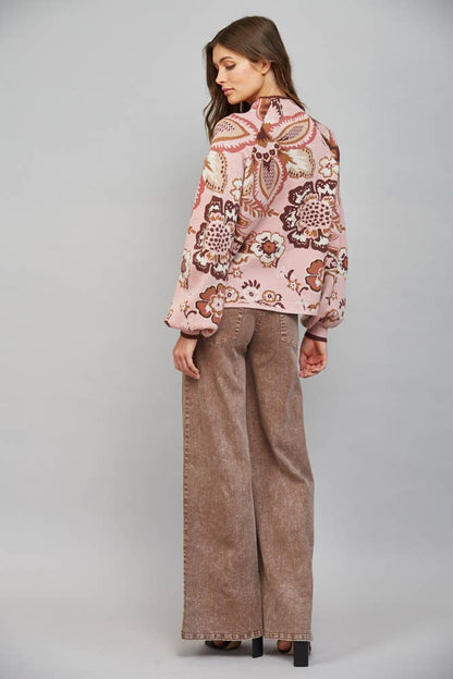 PREORDER: FATE - BOLD FLORAL & PAISLEY PATTERN FUNNEL NECKLINE SWEATER: MAUVE MULTI