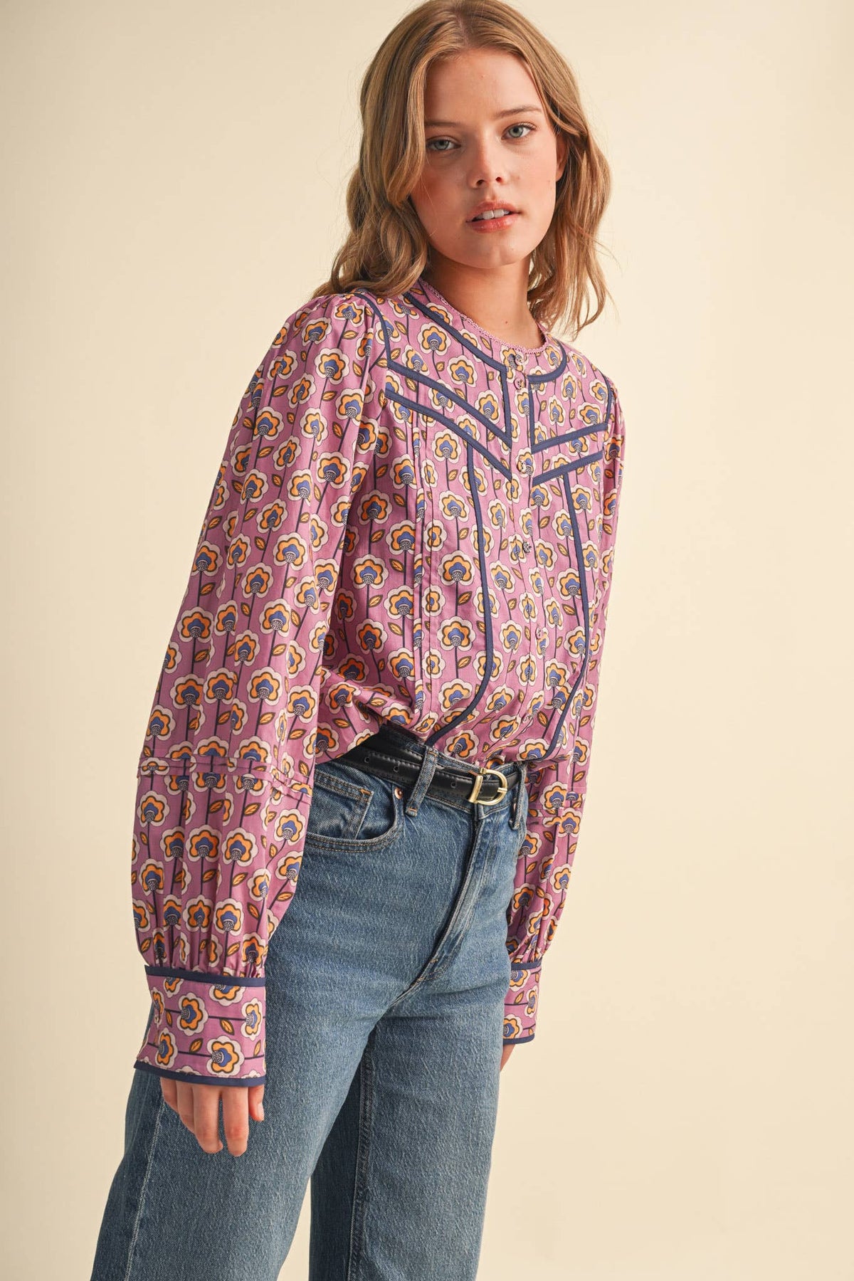 PREORDER : FLORAL BUTTON UP TOP WITH CONTRAST BINDING TRIM : ORCHID FLORAL