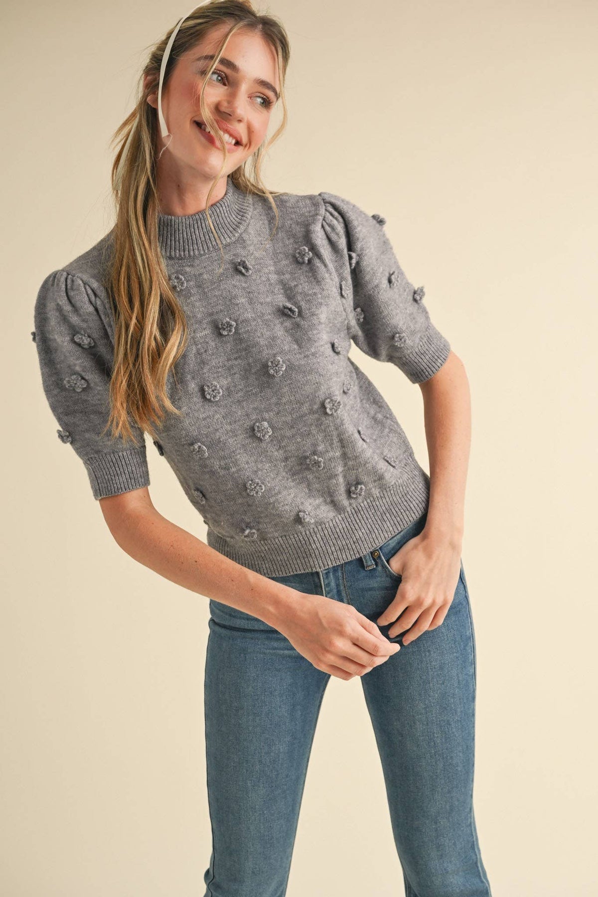 PREORDER 3D FLORAL KNIT SHORT SLEEVE SWEATER : CHARCOAL GREY