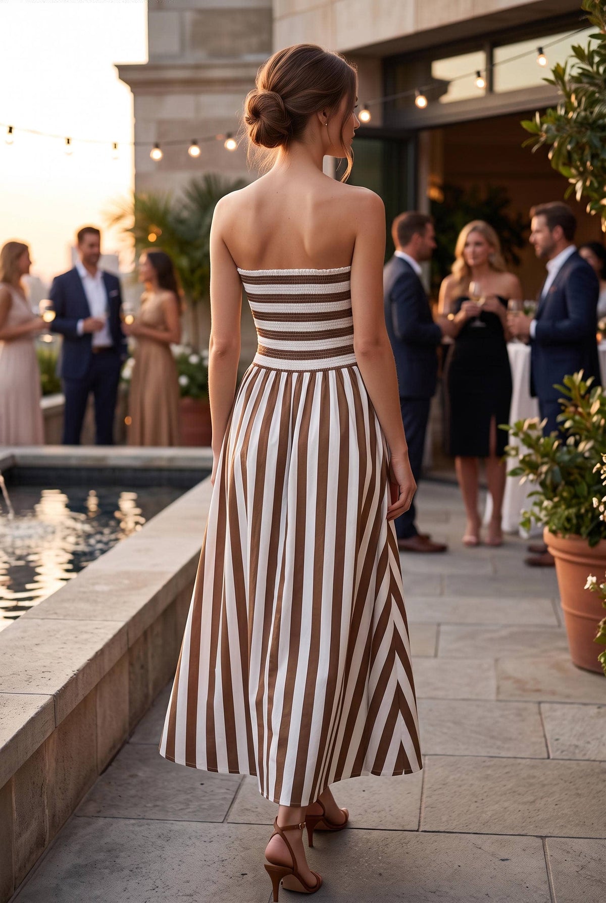 PREORDER - Stripe ruched strapless maxi dress: WHITE/MOCHA